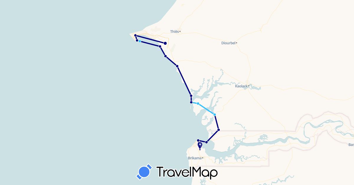 TravelMap itinerary: driving, boat in Gambia, Senegal (Africa)